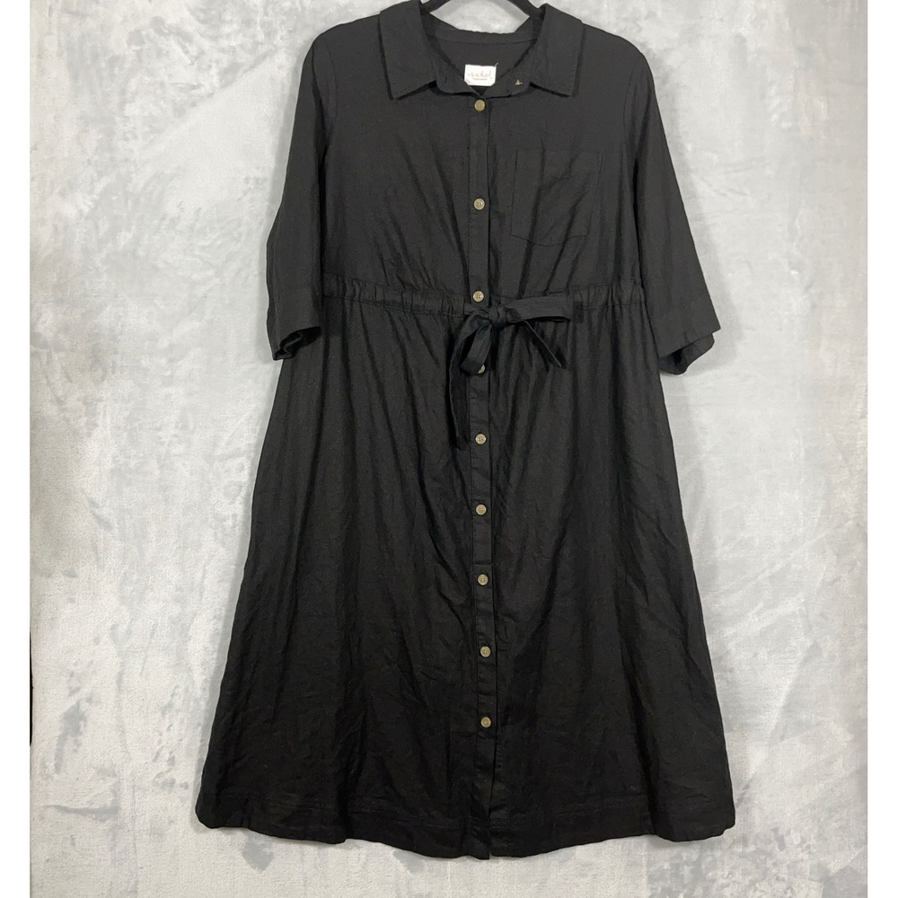 Isabel Maternity Shirt Dress M Black Linen Blend Button Front Drawstring Pockets